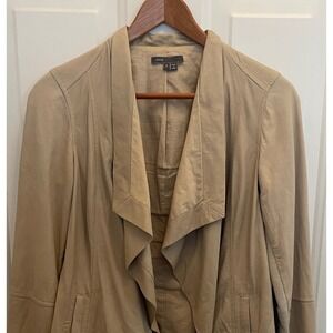 Vince Tan Beige Draped Open Front Leather Jacket Ribbed Knit Sleeve Womens S
